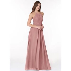 AW Bridal Dusty Rose Chiffon Halter Pleated Maxi Dress Size 4 Formal Gown